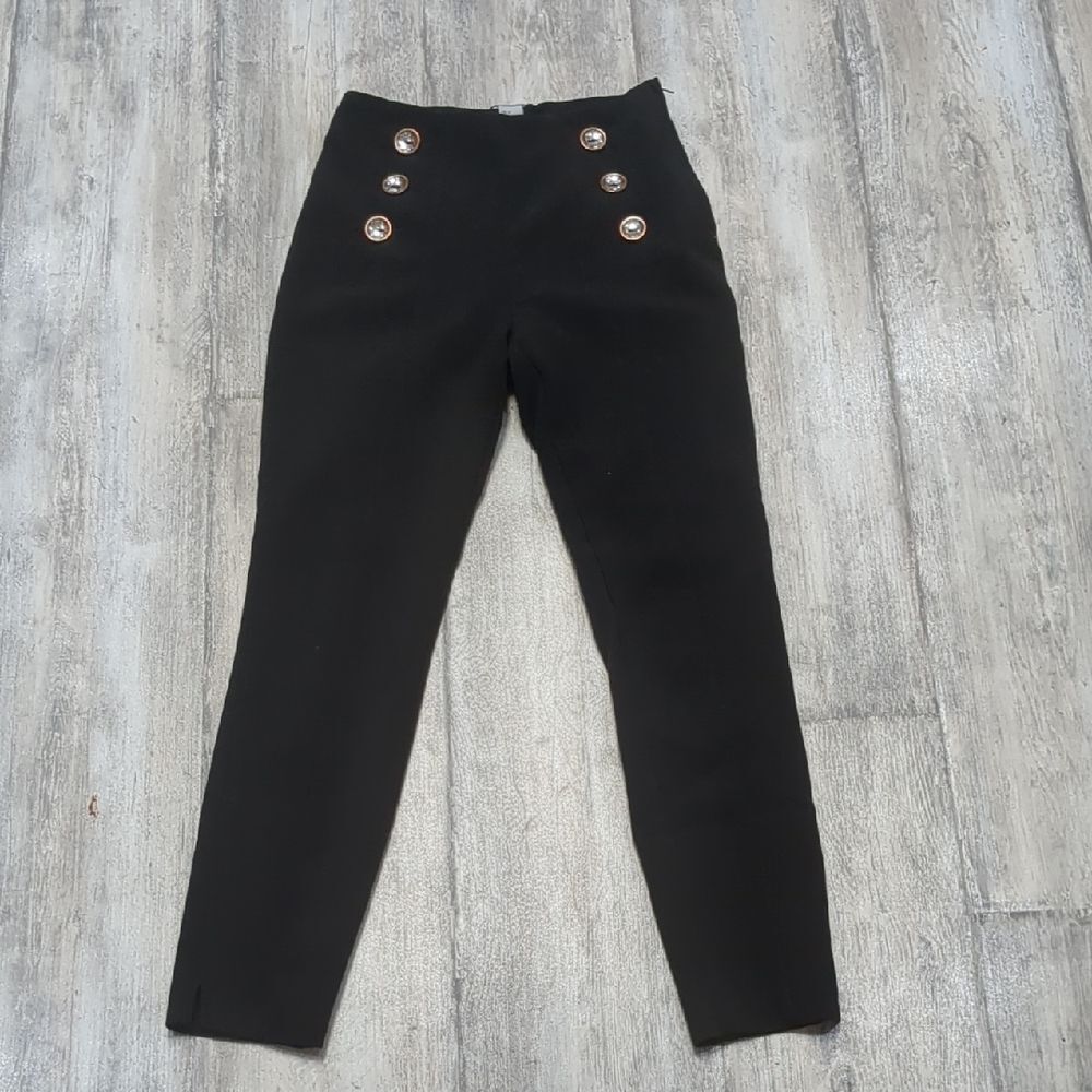 Women's Decorative Button-front, side zip, High-Waist Black Trouser Pants, sz 2